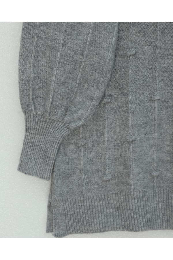 Soft Knit Sweater with Side Slits and Pompoms  -Grey