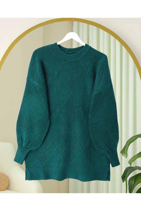 Round Neck Diamond Pattern Slit Knitwear Sweater   -Emerald