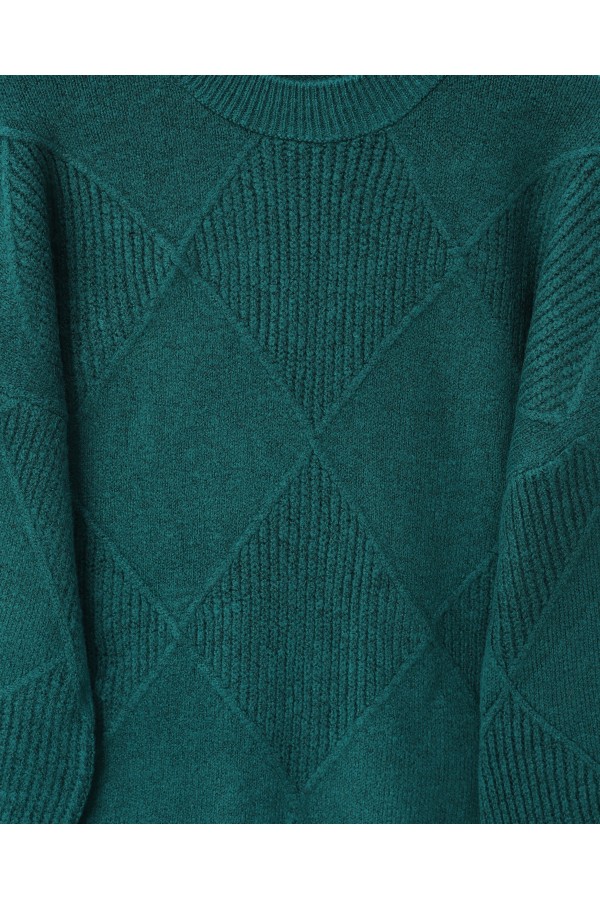 Round Neck Diamond Pattern Slit Knitwear Sweater   -Emerald