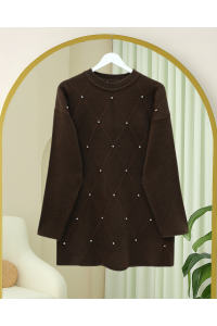 Taş Detaylı Baklava Desen Sakallı Triko Tunik -Kahve