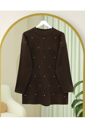 تونيك محبوك بنقشة البقلاوة وتفاصيل حجرية  -بنى