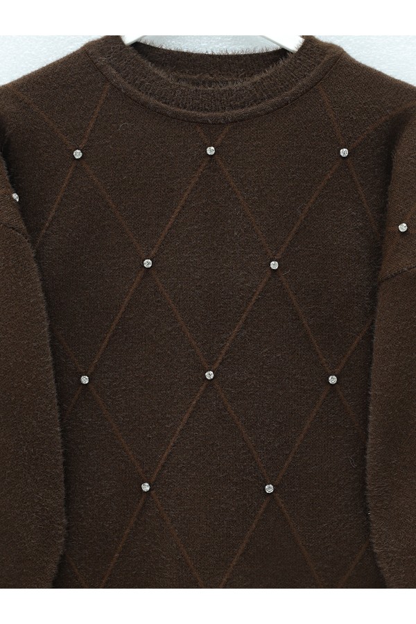 Stone Detail Baklava Pattern Textured Knit Tunic -Brown