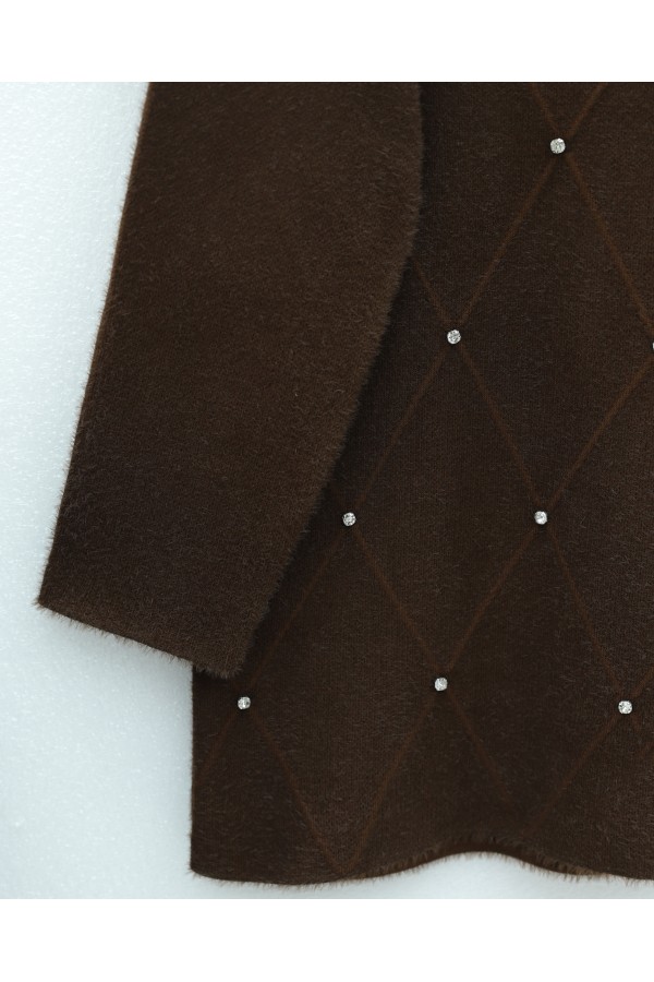 Stone Detail Baklava Pattern Textured Knit Tunic -Brown