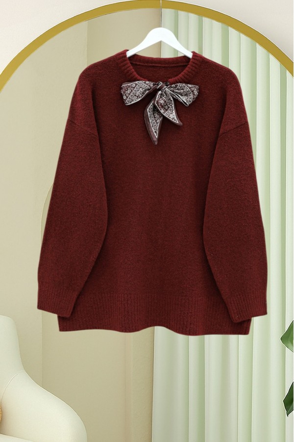 Soft Knit Sweater with Scarf Collar Detail -Maroon