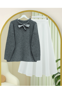 Yakası Fular Detaylı Yumoş Triko Kazak -Füme