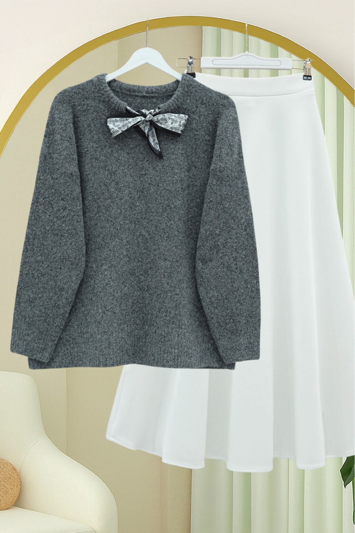 Soft Knit Sweater with Scarf Collar Detail -Smoked 