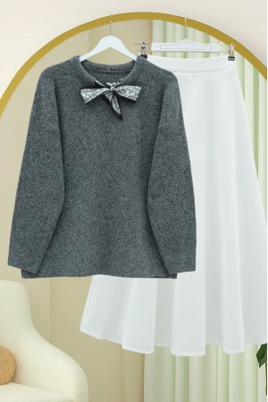 Soft Knit Sweater with Scarf Collar Detail -Smoked 