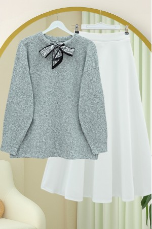 Soft Knit Sweater with Scarf Collar Detail -Grey