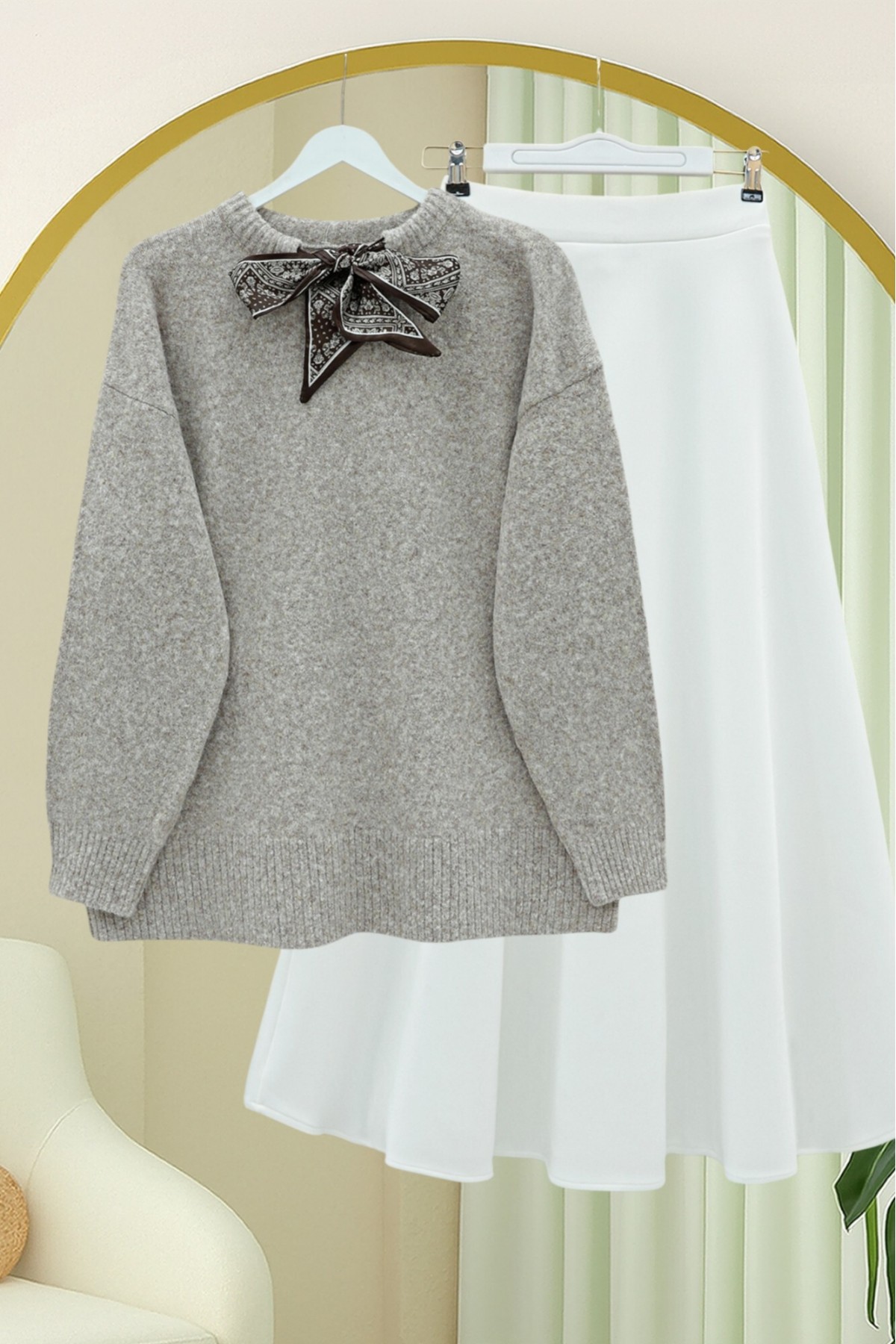 Soft Knit Sweater with Scarf Collar Detail - Soil
