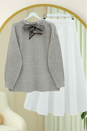 Soft Knit Sweater with Scarf Collar Detail - Soil