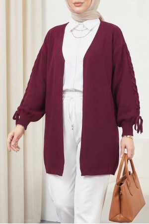Kolu Saç Örgülü Salaş Triko Hırka -Bordo