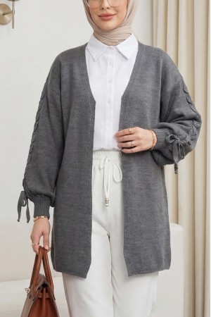 Kolu Saç Örgülü Salaş Triko Hırka -Füme