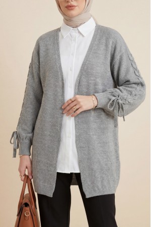 Kolu Saç Örgülü Salaş Triko Hırka -Gri