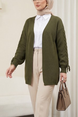 Kolu Saç Örgülü Salaş Triko Hırka -Haki