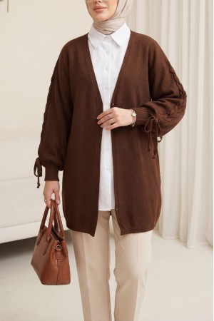 Kolu Saç Örgülü Salaş Triko Hırka -Kahve