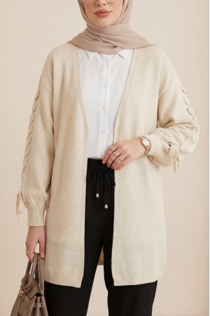 Kolu Saç Örgülü Salaş Triko Hırka -Krem