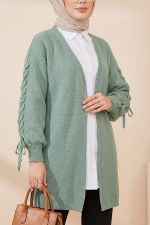 Kolu Saç Örgülü Salaş Triko Hırka -Su Yeşili