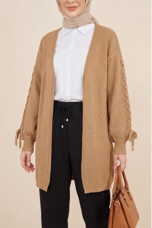 Kolu Saç Örgülü Salaş Triko Hırka -Vizon