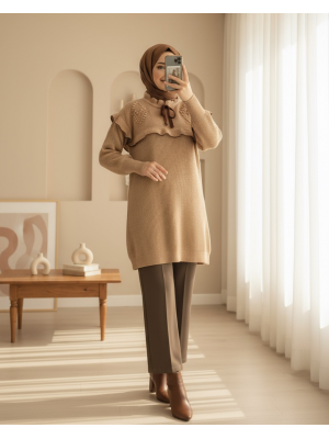 Yakası Fırfırlı Bağcıklı Triko Tunik -Vizon