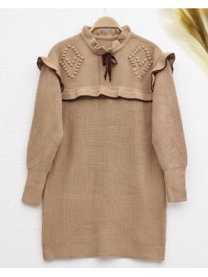 Yakası Fırfırlı Bağcıklı Triko Tunik -Vizon