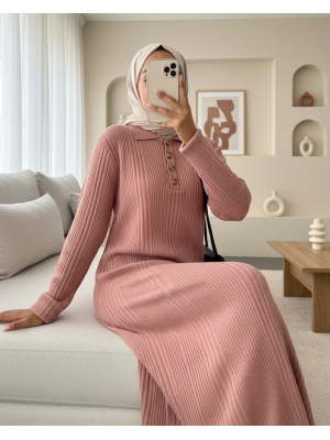 Polo Neck Buttoned Knitwear Dress -Dried rose