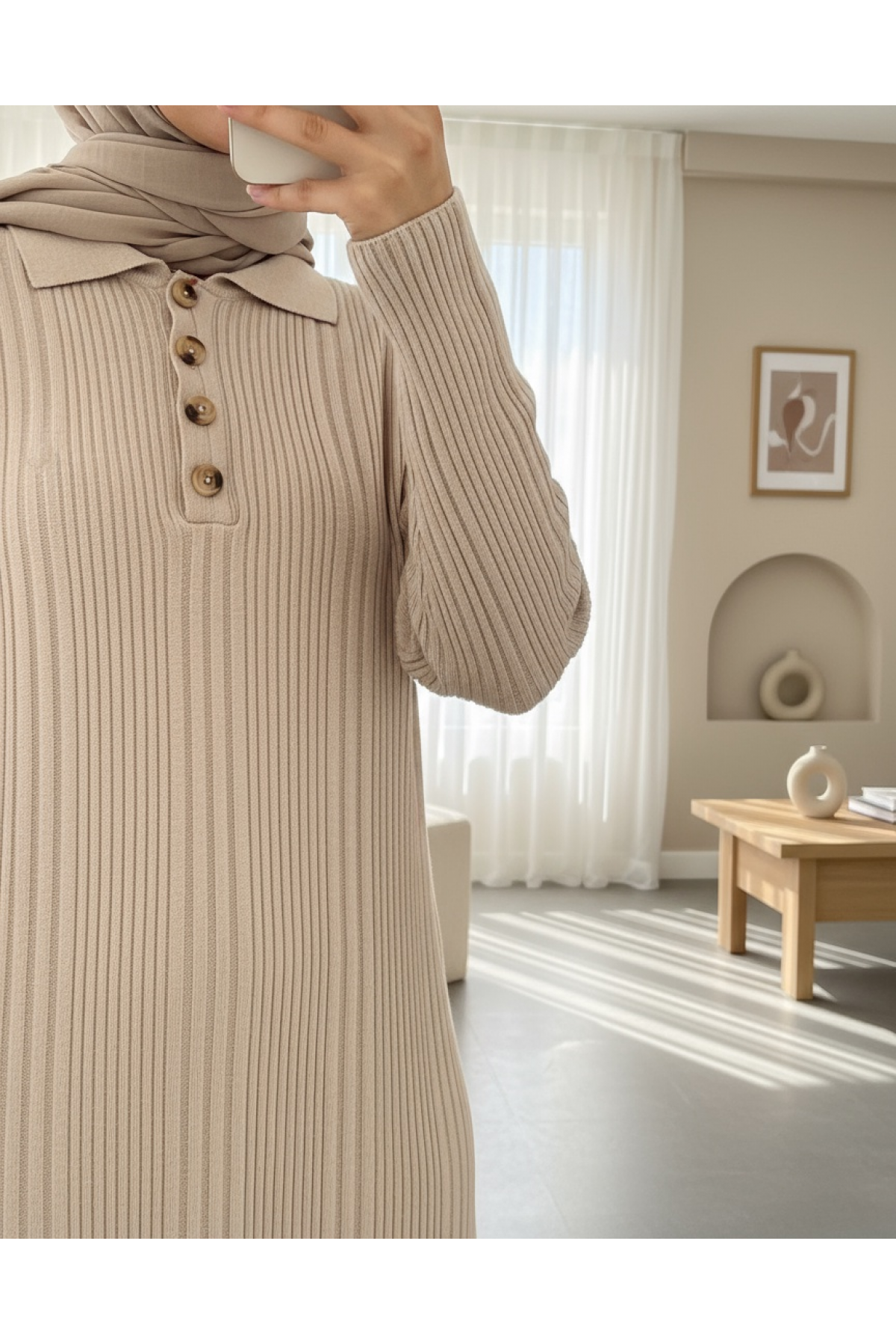 Polo Neck Buttoned Knitwear Dress -Stone