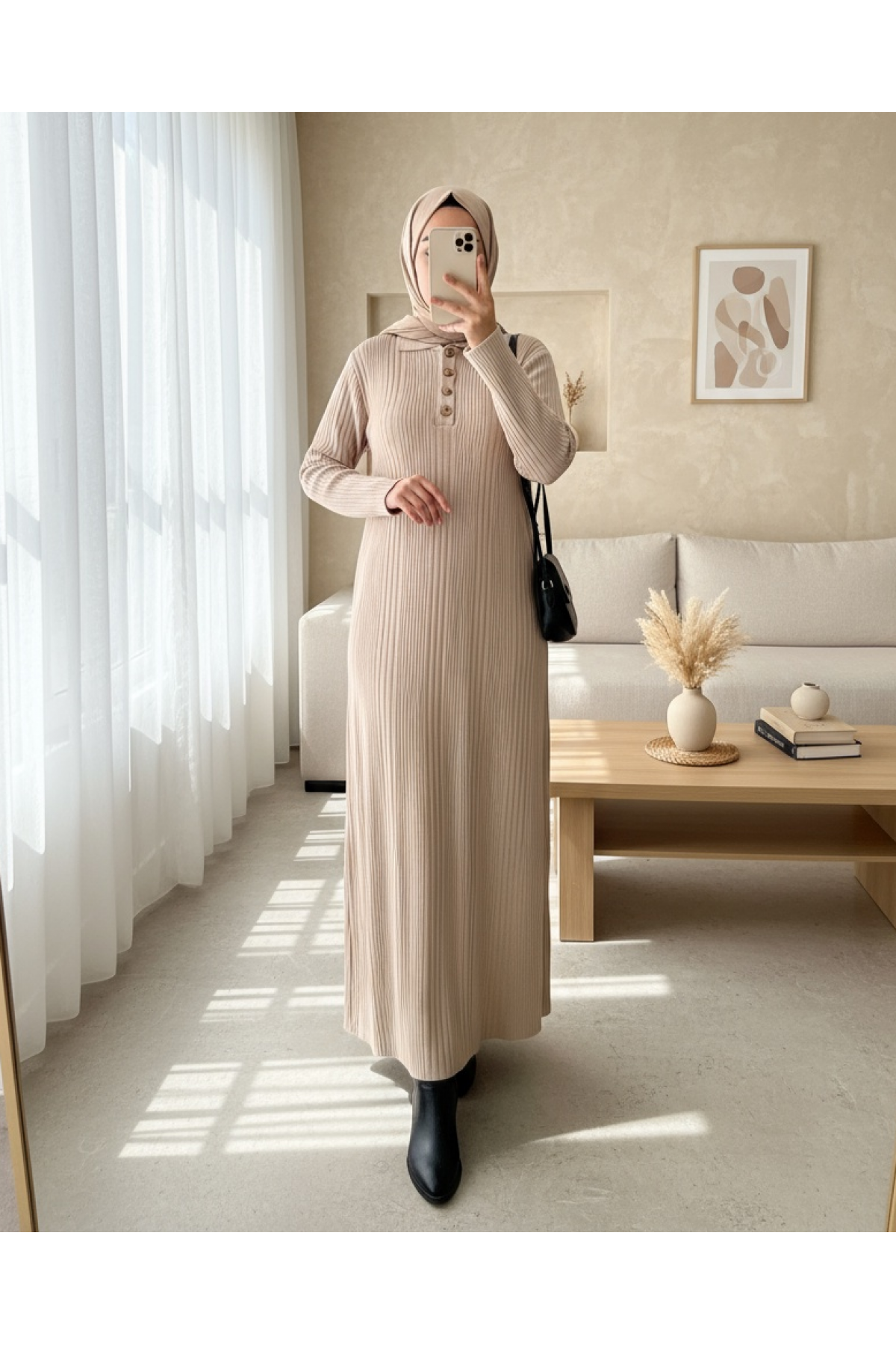 Polo Neck Buttoned Knitwear Dress -Stone