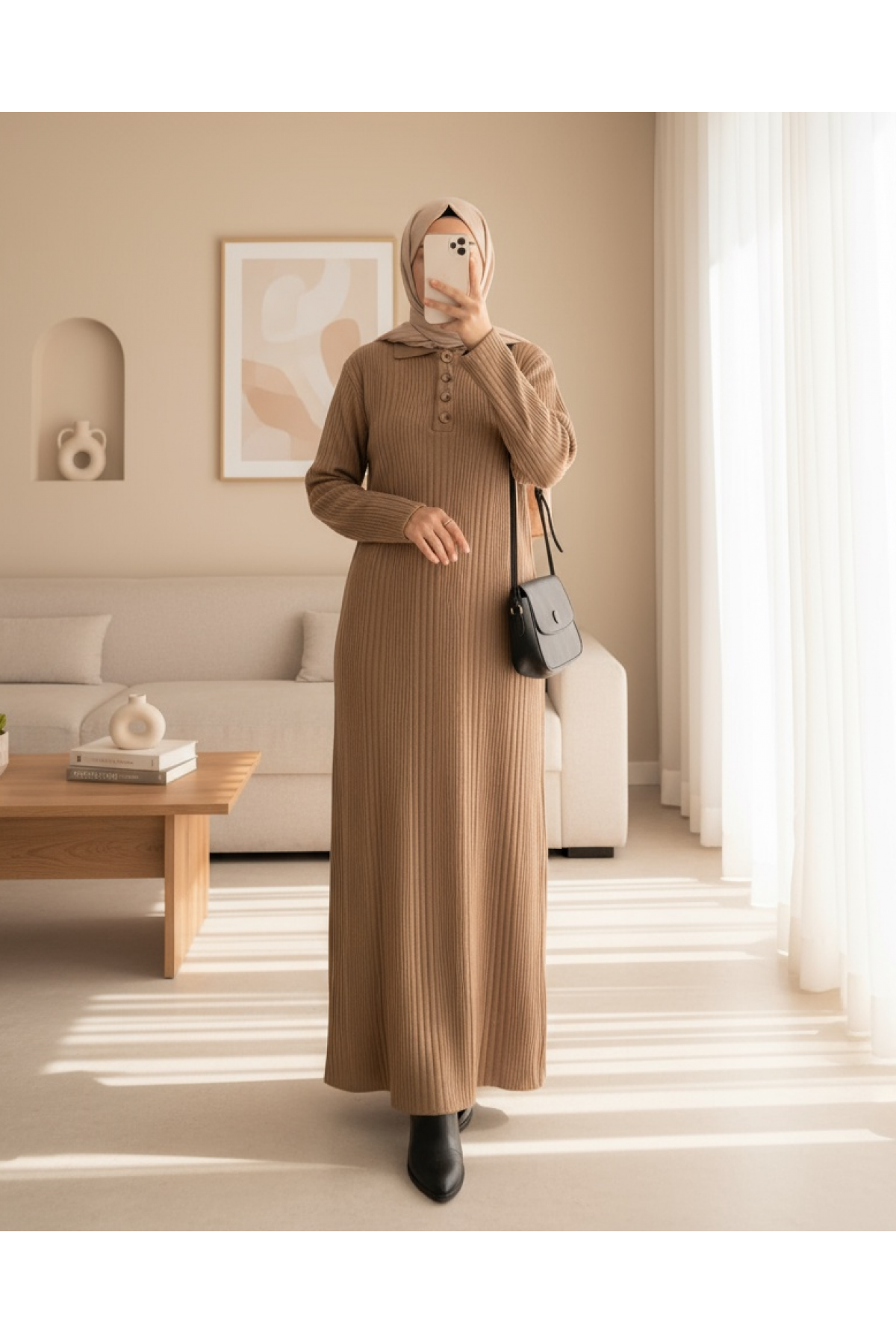 Polo Neck Buttoned Knitwear Dress -Mink color