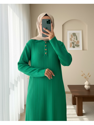 Polo Neck Buttoned Knitwear Dress -Green