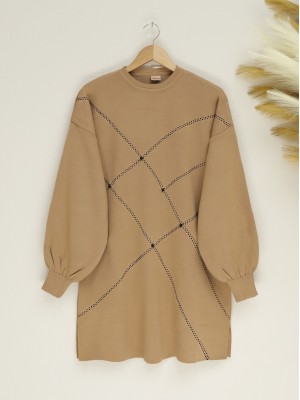 Balloon Sleeve Pearled Knitwear Tunic -Mink color