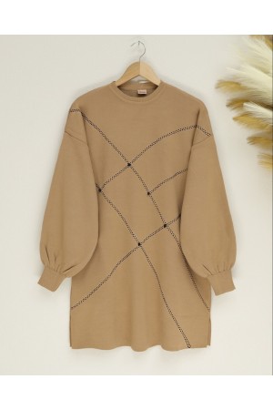 Balloon Sleeve Pearled Knitwear Tunic -Mink color