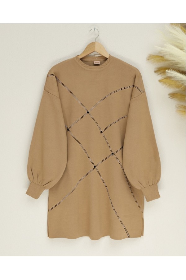 Balloon Sleeve Pearled Knitwear Tunic -Mink color