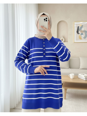 Yarım Düğmeli Yırtmaçlı Triko Tunik -Saks