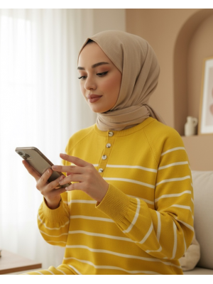 Yarım Düğmeli Yırtmaçlı Triko Tunik -Sarı