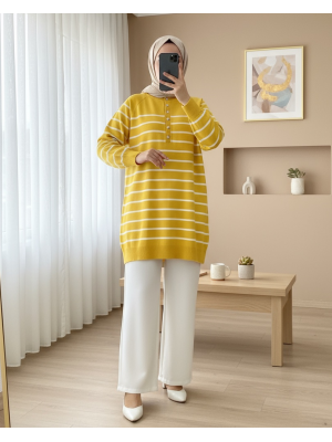 Yarım Düğmeli Yırtmaçlı Triko Tunik -Sarı