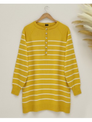 Yarım Düğmeli Yırtmaçlı Triko Tunik -Sarı