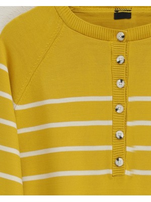 Yarım Düğmeli Yırtmaçlı Triko Tunik -Sarı