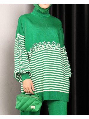 Süzene Nakışlı Çizgili Triko Tunik -Yeşil