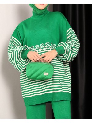 Süzene Nakışlı Çizgili Triko Tunik -Yeşil