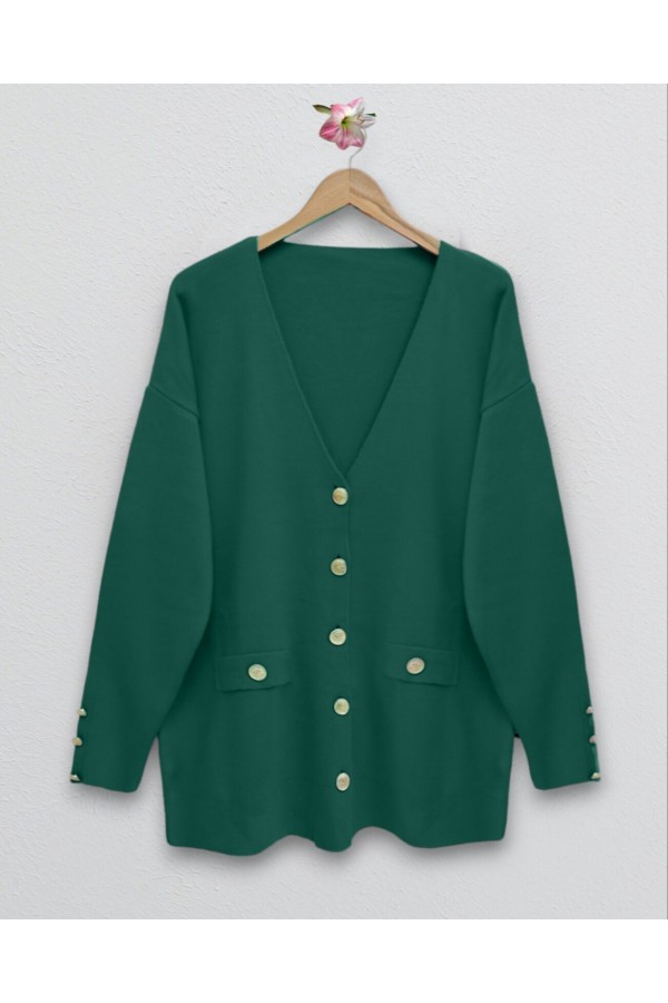 Metal Buttoned Cardigan with Pocket Detail -Emerald