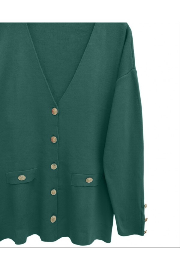 Metal Buttoned Cardigan with Pocket Detail -Emerald