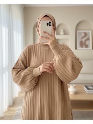 Yarım Boğazlı Balon Kol Triko Tunik     -Tarçın