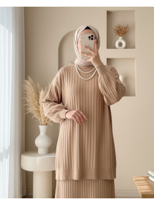 Yarım Boğazlı Balon Kol Triko Tunik     -Tarçın