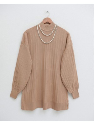 Yarım Boğazlı Balon Kol Triko Tunik     -Tarçın