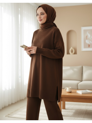 Yarım Boğazlı Triko Takım -Kahve