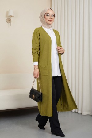 Cepli Tesettür Uzun Hırka  -Yağ Yeşili