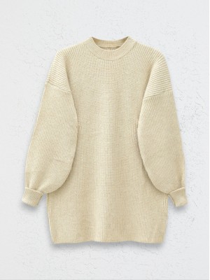  Yuvarlak Yaka Salaş Triko Tunik -Açık Vizon