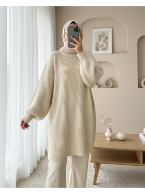  Yuvarlak Yaka Salaş Triko Tunik -Açık Vizon