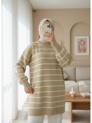 İnce Çizgili Yırtmaçlı Triko Tunik -Vizon