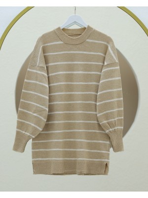 İnce Çizgili Yırtmaçlı Triko Tunik -Vizon